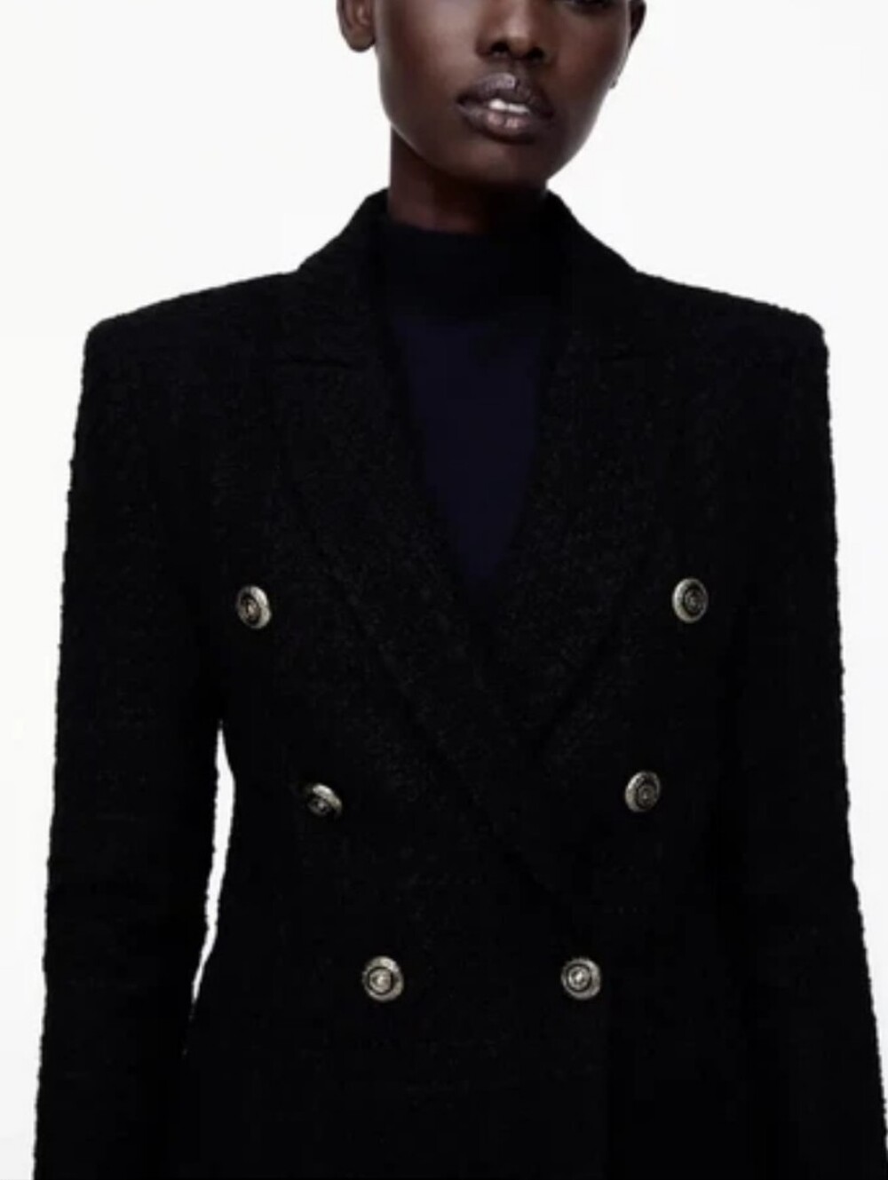 ZARA Double-Breasted Tailored Tweed Textured Blazer- Black Gold Buttons Accent - Picture 3 of 9